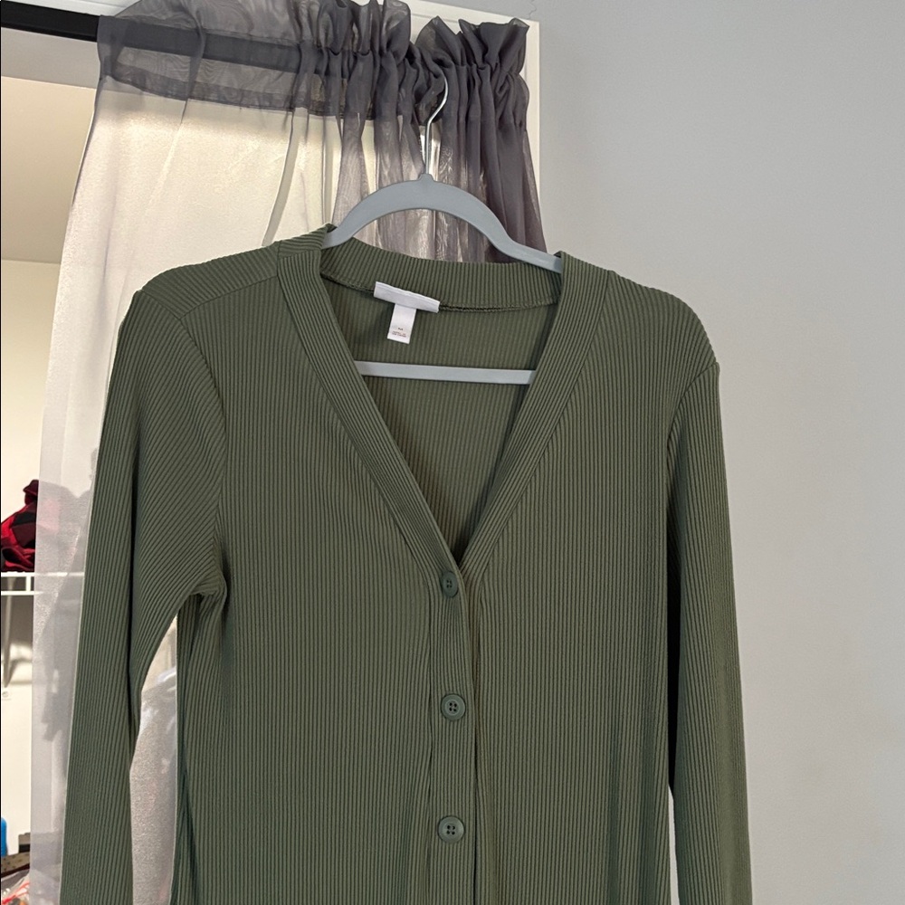Olive Green Ribbed Button-Up Dress